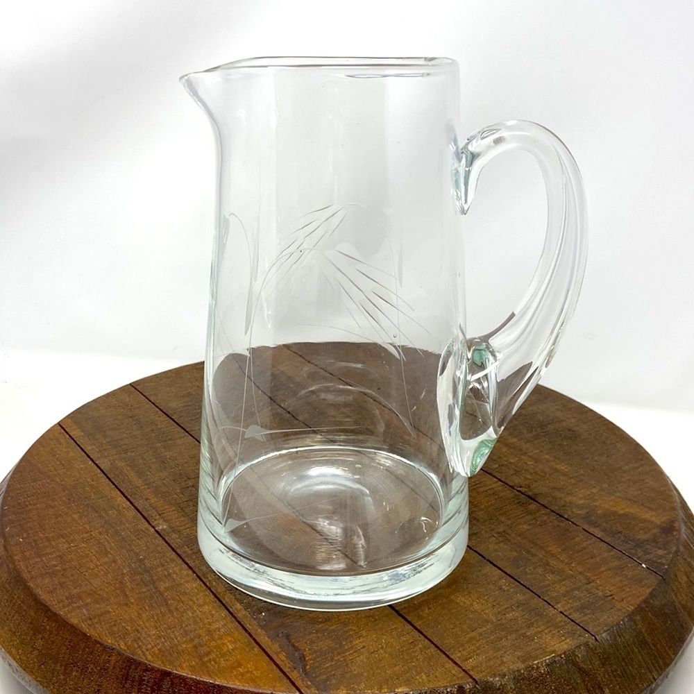 Vintage Etched Glass Pitcher with Wheat/Rye Design. 8.5”